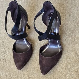 Enzo Angiolini D’orsay Sz 9.5 Pump Suede Leather Brown-Black Cross Strap 4" Heel